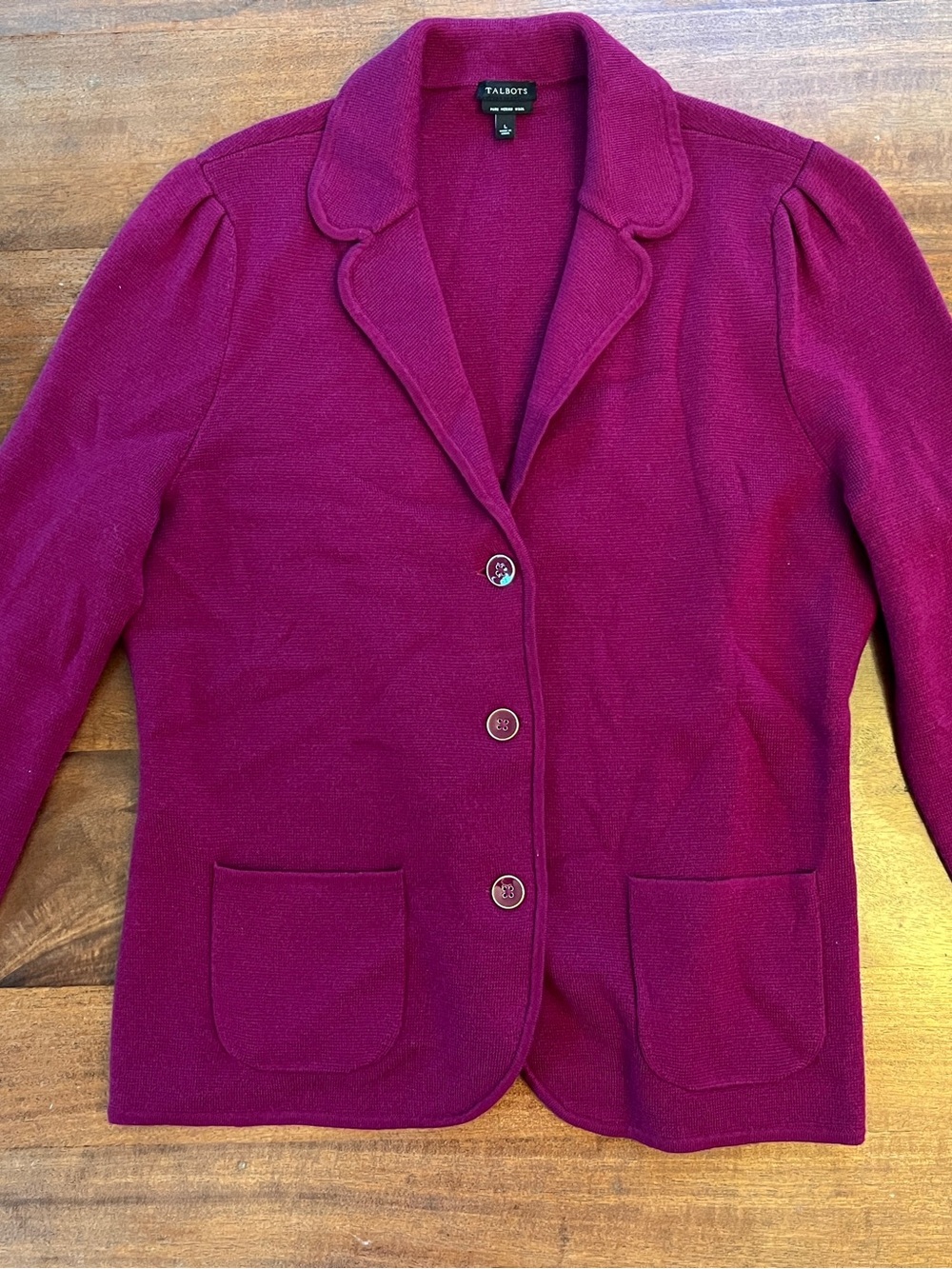 Talbots Women’s Merino Wool Size L Purple Button Front Jacket Pockets